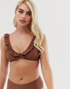 Boohoo Frill Tie Front Bikini Top In Camel - Beige