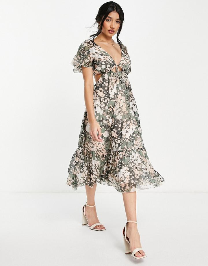 Asos Design Soft Tiered Midi Dress With Tie Front In Blurred Floral Print-multi