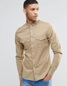 Asos Skinny Military Shirt In Stone With Long Sleeves - Stone