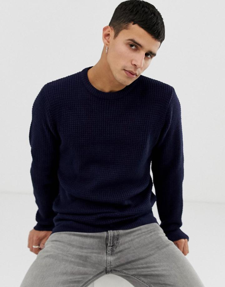Brave Soul Crew Neck Waffle Knit Sweater-navy