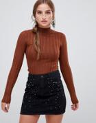 Stradivarius Ribbed Light Weight Knit Top - Brown