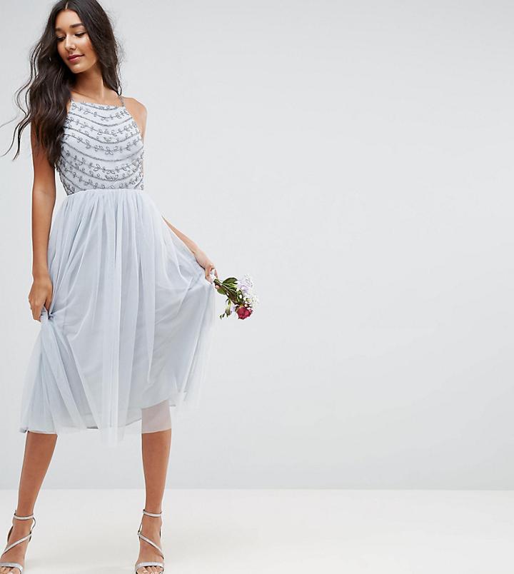 Asos Tall Wedding Delicate Beaded Strappy Back Midi Dress - Green