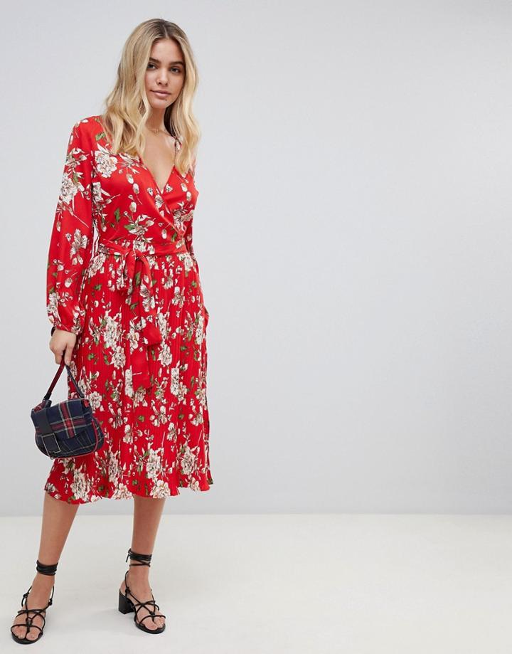 Influence Midi Floral Dress With Pleated Skirt And Tie Waist - Red