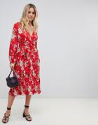 Influence Midi Floral Dress With Pleated Skirt And Tie Waist - Red