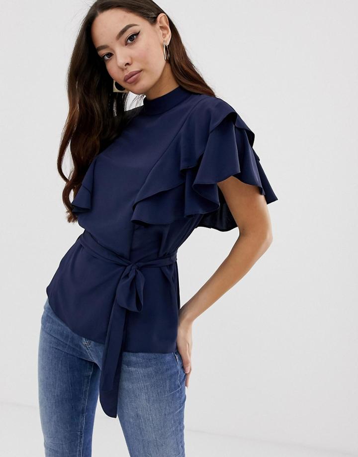 Asos Design Belted High Neck Top With Ruffle Sleeves - Black