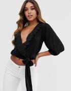 Asos Design Wrap Top In Plisse With Ruffle And Tie Side-black