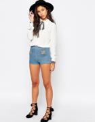 Motel Kat High Rise Denim Shorts With Embroidered Pockets - Blue