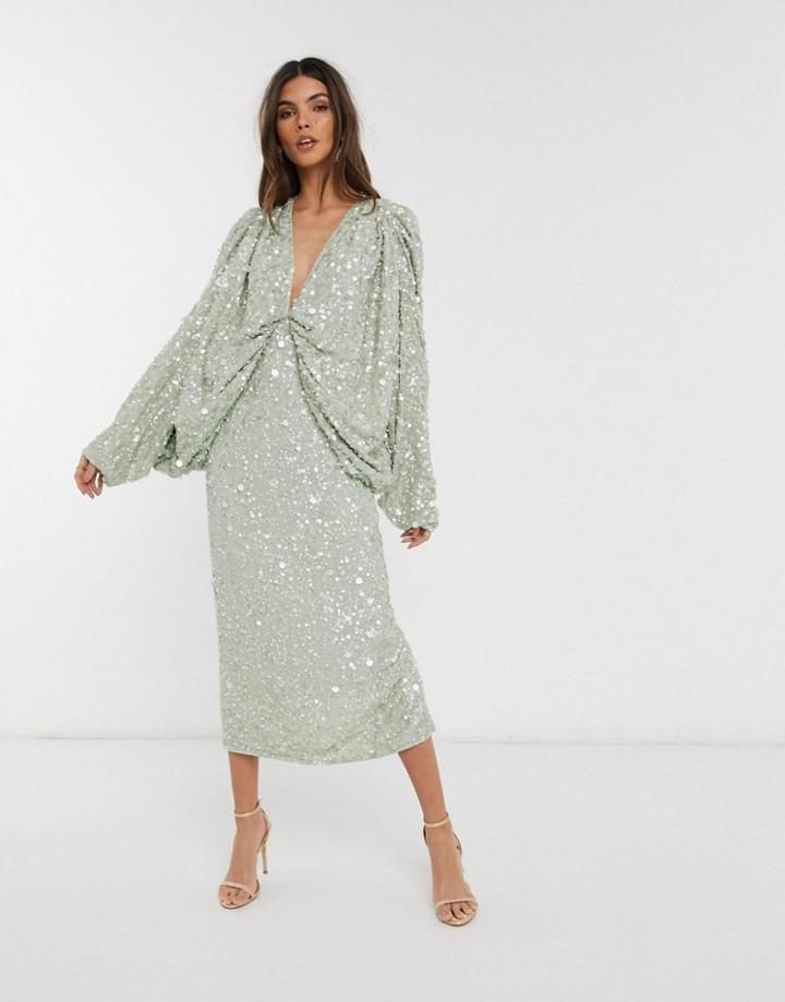 Asos Edition Kimono Sleeve Drape Back Sequin Midi Dress-green