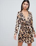 Club L Long Sleeve Twist Front Leopard Print Dress - Multi