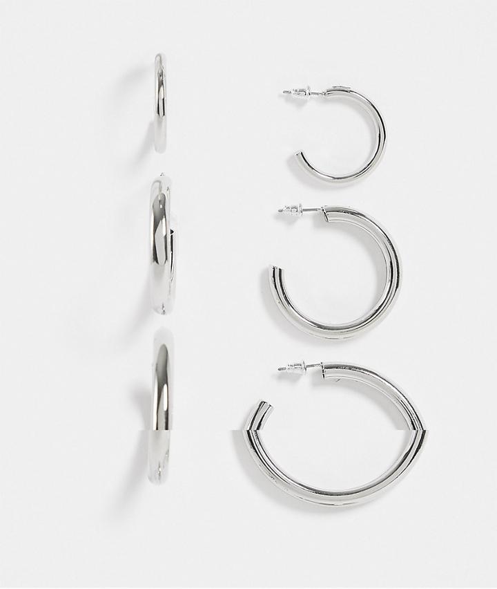Topshop Chunky 3 X Multipack Tube Hoop Earrings In Silver