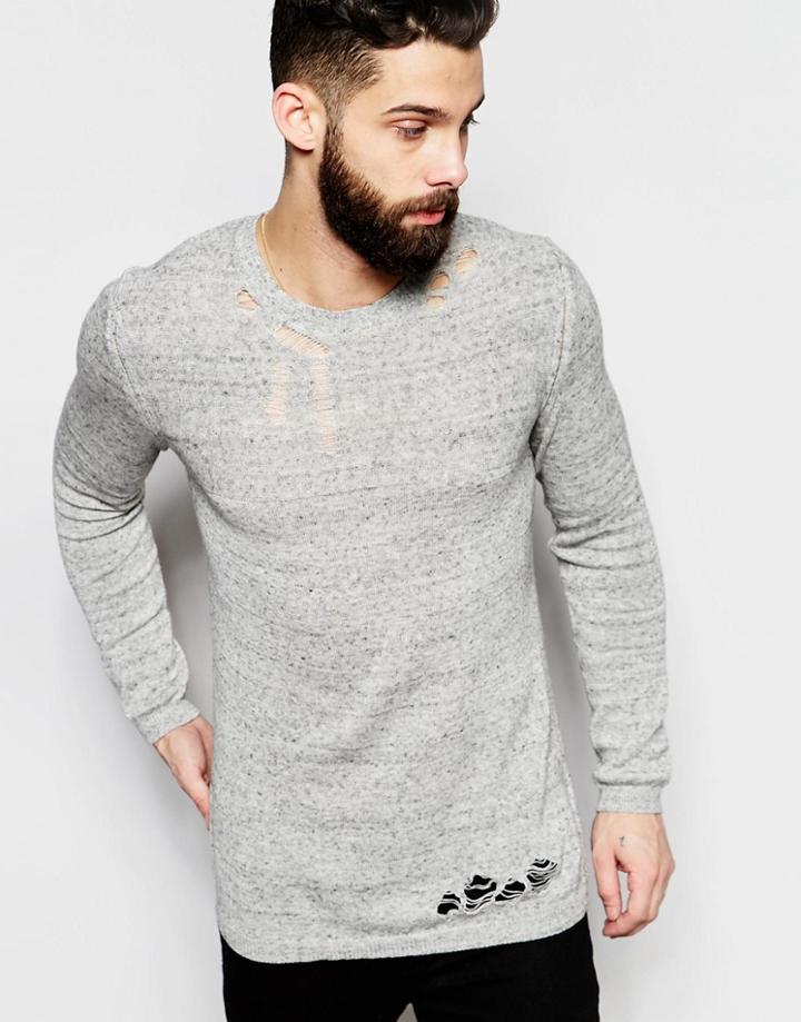 Asos Sweater In Cotton With Ladder Stitch Detail - Gray