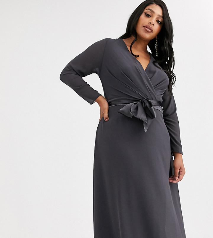 Tfnc Plus Bridesmaid Long Sleeve Bow Back Midi Dress In Gray-grey