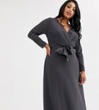 Tfnc Plus Bridesmaid Long Sleeve Bow Back Midi Dress In Gray-grey