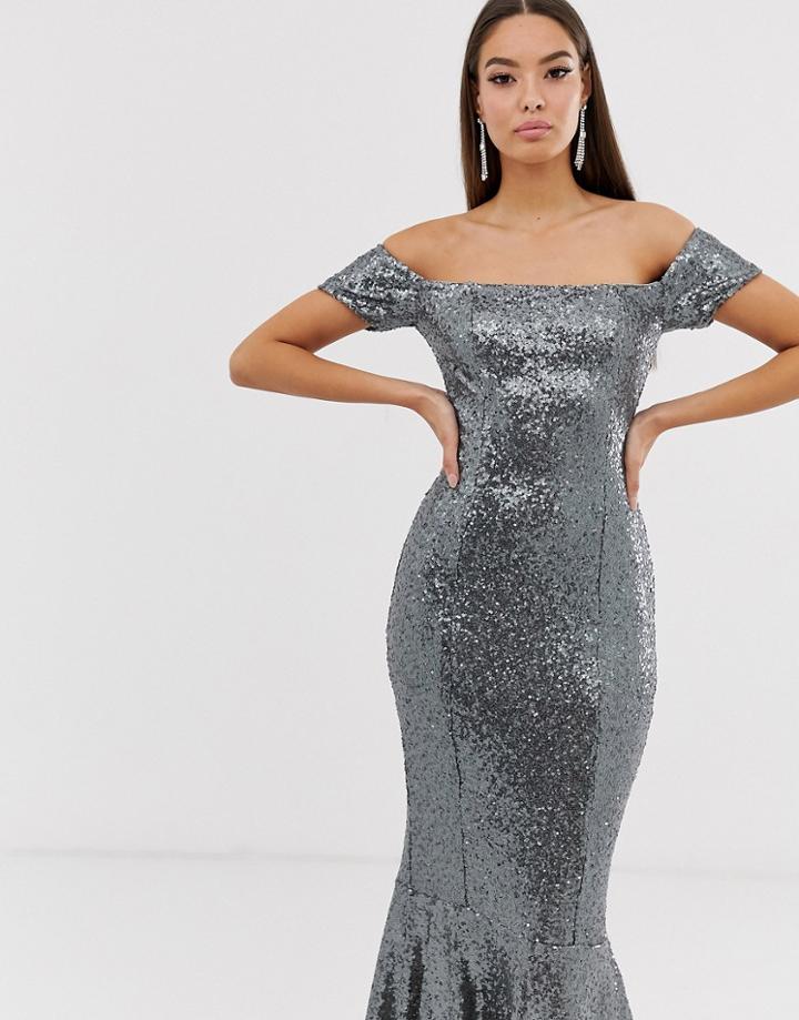 Club L London Bardot Ruffle Hem Maxi Dress