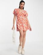 Asos Design Waisted Mini Tea Dress With Buttons In Red Floral-multi