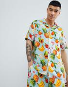 Asos Design Regular Fit Fruit Print Two-piece Shirt With Revere Collar - Black