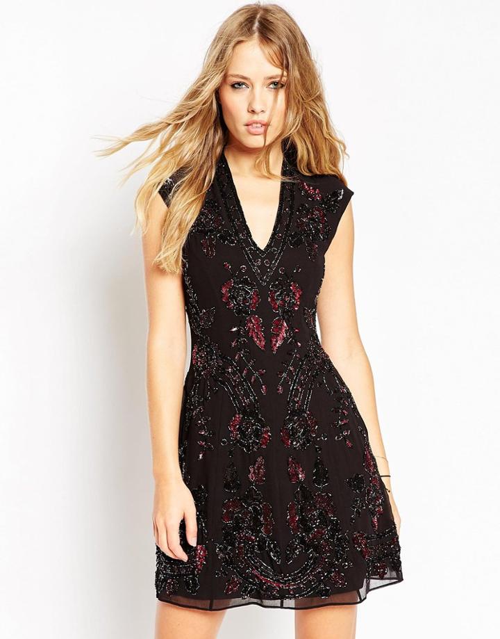 Needle & Thread Rose Etch V Neck Embellished Skater Dress