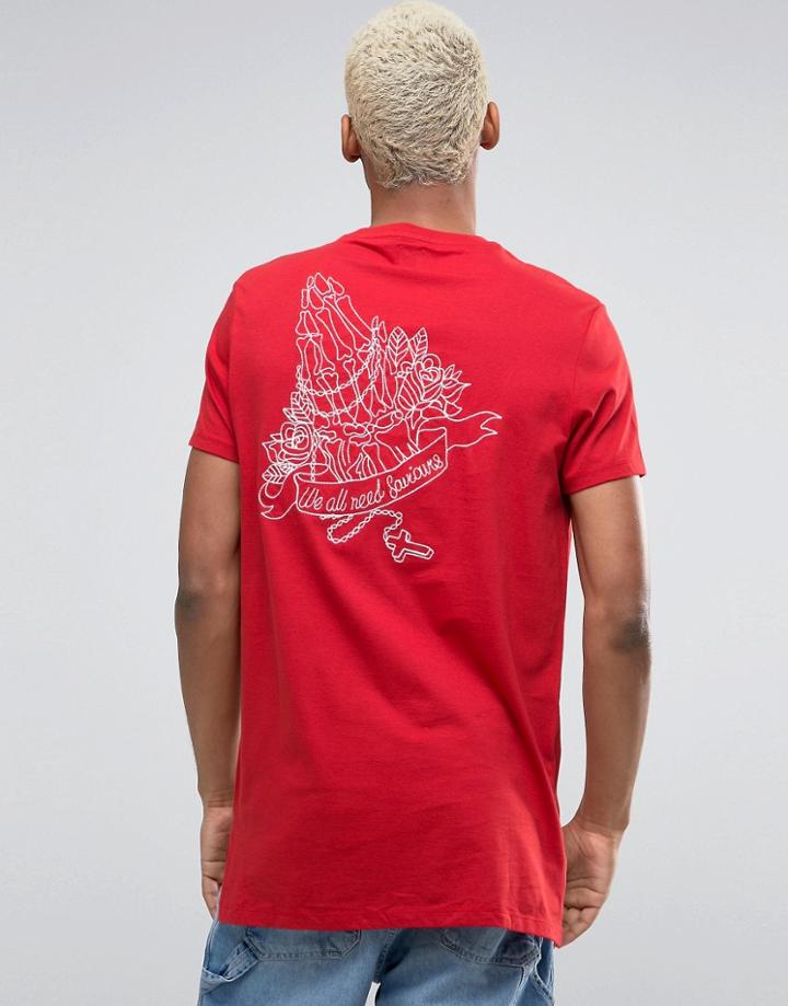 Asos Super Longline T-shirt With Hands Embroidery Back Print And Stepp