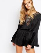 Band Of Gypsies Satin Plunge Neck Lace Romper - Black