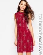 True Decadence Tall High Neck Floral Embellished Shift Dress - Red