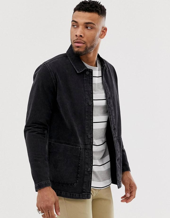 Asos Design Denim Worker Jacket In Washed Black - Black