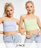 Stradivarius Strappy Crop Top With Open Back Multipack In Blue And Lime