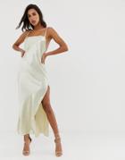 Asos Design Maxi Dress In High Shine Satin With Strappy Back Detail - Gray