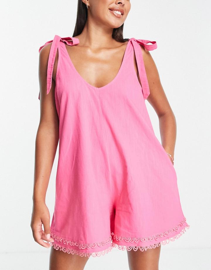 River Island Tie Shoulder Scalloped Romper In Bright Pink