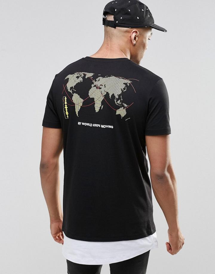 Asos Super Longline T-shirt With Globe Map Back Print And Hem Extender - Black