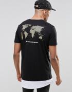 Asos Super Longline T-shirt With Globe Map Back Print And Hem Extender - Black