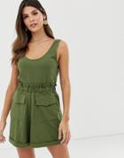 Asos Design Utility Romper With Gathered Waist And Pocket Detail-green