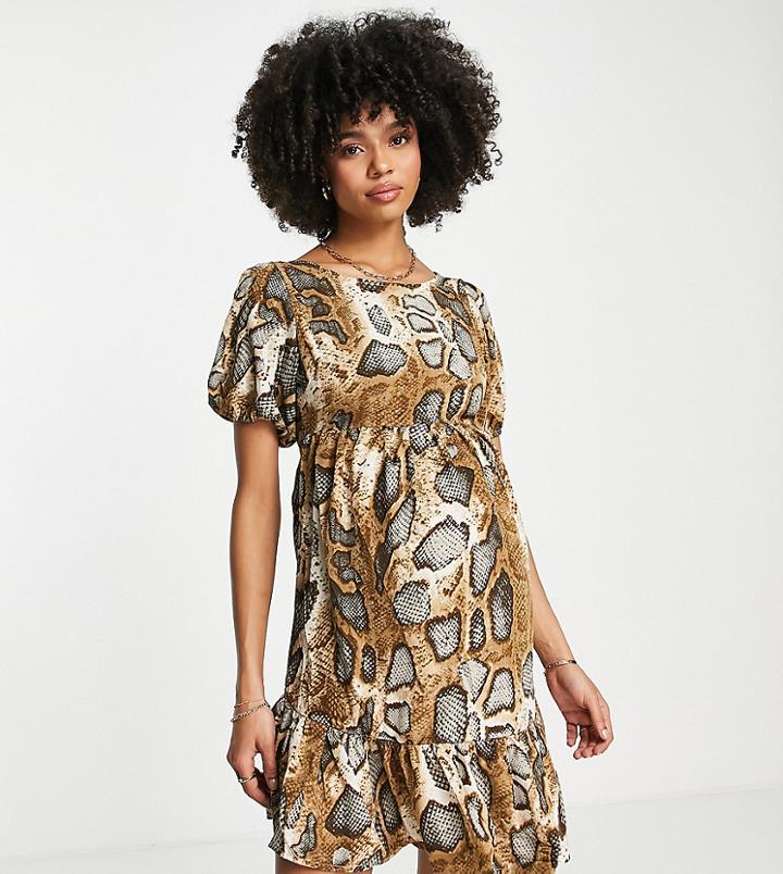 Missguided Maternity Puff Sleeve Smock Mini Dress In Brown