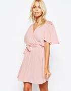 Asos Wrap Front Dress With Lace Detail - Nude
