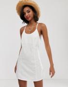 Asos Design Denim Sundress With Tie Back In White - White
