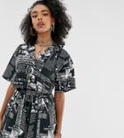 Collusion Cropped Revere Shirt In Newspaper Print-black