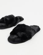Loungeable Fluffy Cross Front Slipper Slides In Black