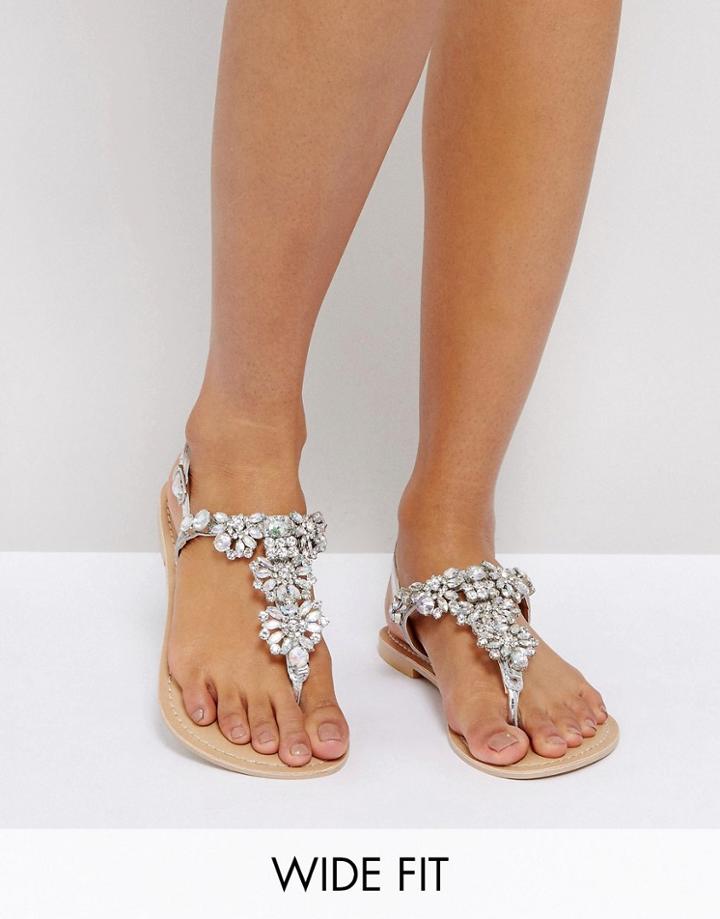 Asos Fender Wide Fit Leather Embellished Flat Sandals - Silver