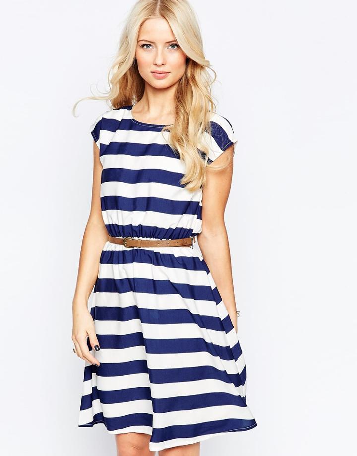 Iska Stripe Skater Dress With Belt - Navy