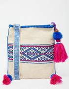 Star Mela Crossbody Bag With Blue Embroidey And Pink Tassels - Ecru