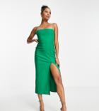 Vesper Petite Cami Strap Midi Dress With Thigh Slit In Green