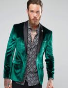 Asos Skinny Velvet Blazer In Green - Green
