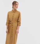 New Look Button Through Tie Waist Dress In Camel-beige
