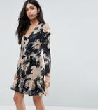 Parisian Tall Floral Print Skater Dress With Tie Waist Belt - Black