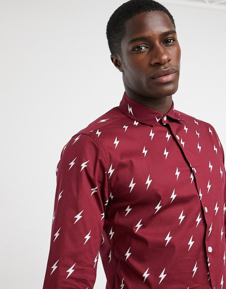 Asos Design Slim Fit Lightning All Over Print Shirt In Burgundy-red