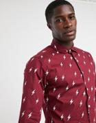 Asos Design Slim Fit Lightning All Over Print Shirt In Burgundy-red