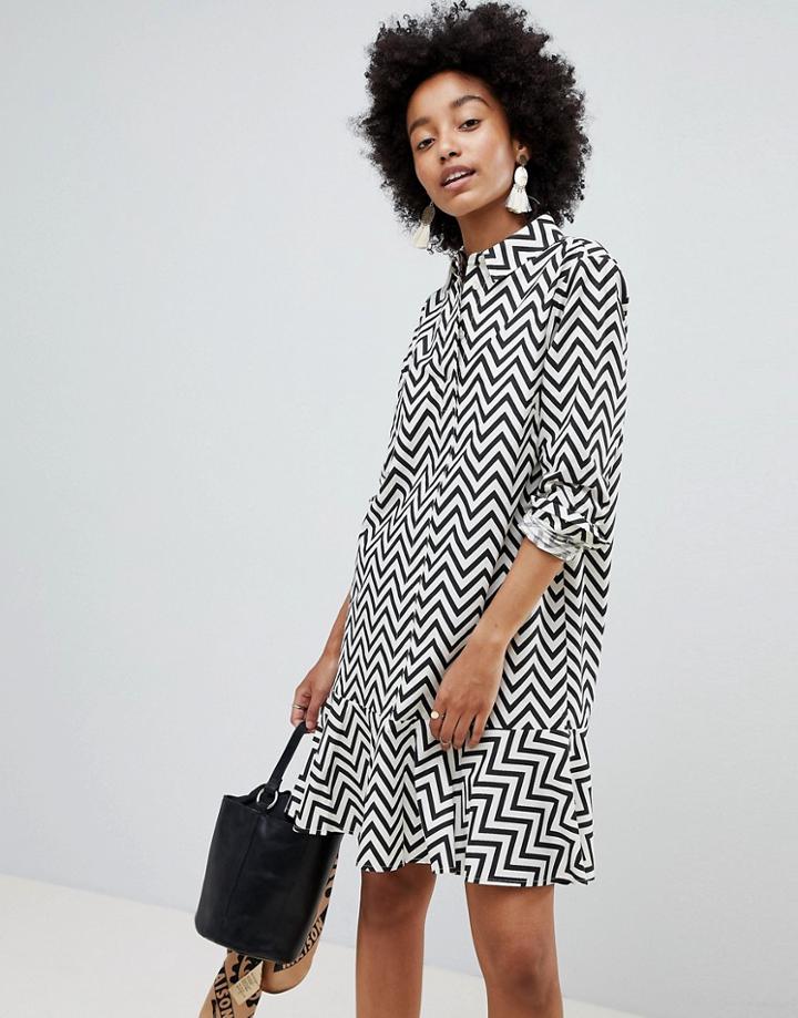 Asos Design Shirt Dress With Pephem In Mono Chevron Stripe - Multi
