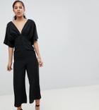 Asos Design Tall Tea Jumpsuit With Kimono Sleeve And Button Detail - Black