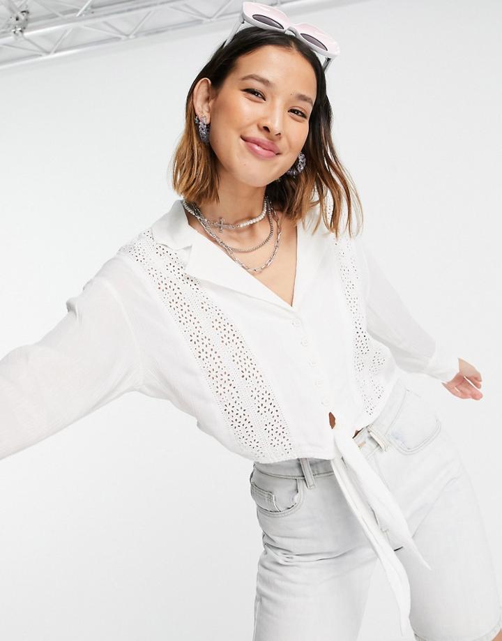 Violet Romance Tie Front Cropped Blouse With Lace Inserts In White