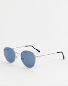 Asos Design Round Sunglasses In Silver With Navy Lens - Silver