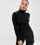Asos Design Petite Roll Neck Sweater In Fine Knit Rib - Black